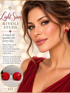 Light Siam Red Swarovski Rivoli Stud Earrings - 14mm (9/16 inches)